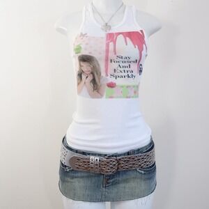 y2k extra sparkly graphic tank white ribbed baby tee mcbling size S